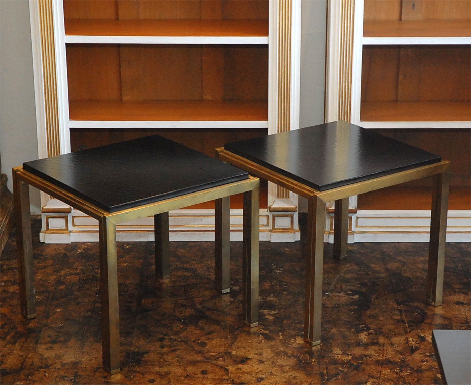 Pair of crackled lacquer and brass side tables