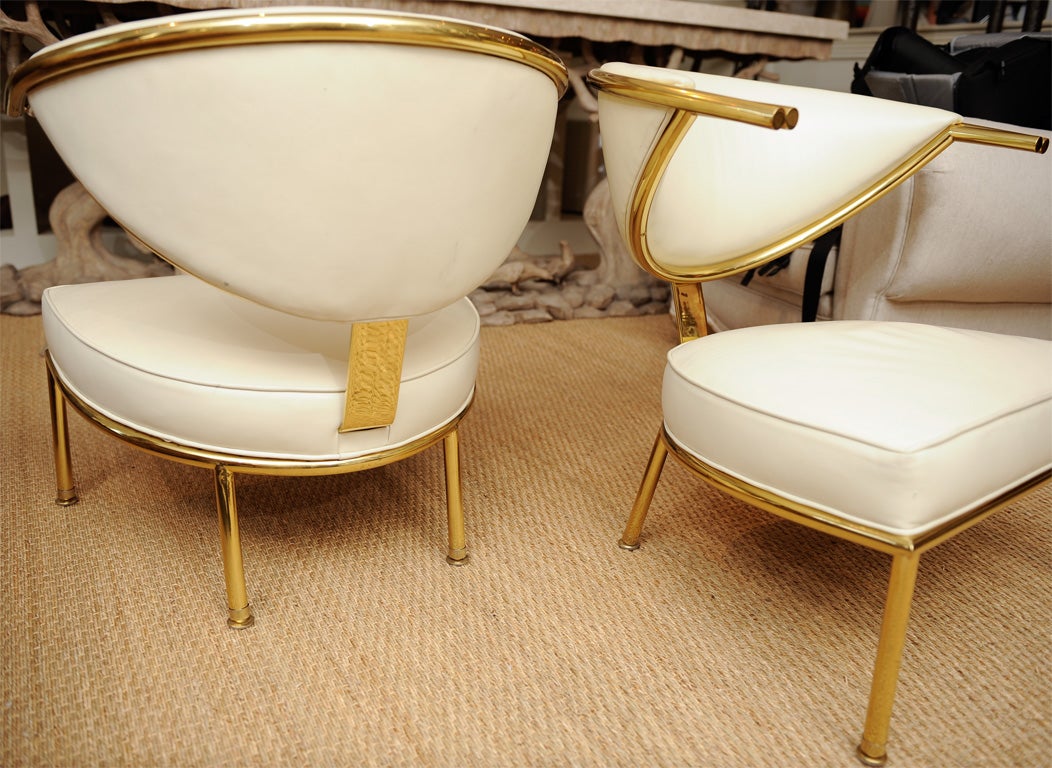 American Pair Leather and Brass Armchairs by Maurice Bailey