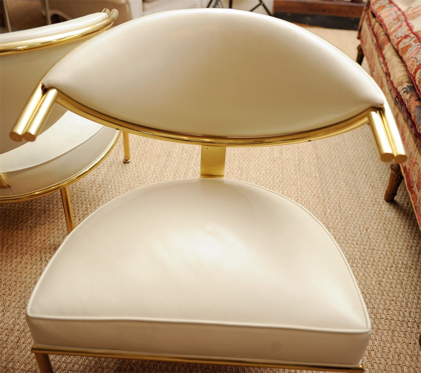 Mid-20th Century Pair Leather and Brass Armchairs by Maurice Bailey