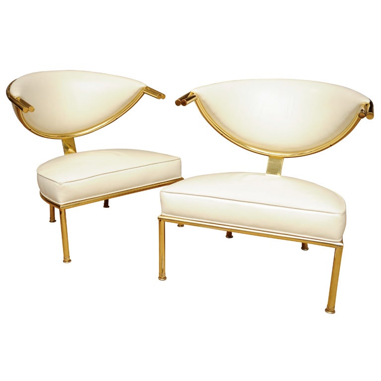 Pair Leather and Brass Armchairs by Maurice Bailey