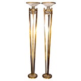 Pair of Bronze Art Decp Torchieres - Floor Lamps