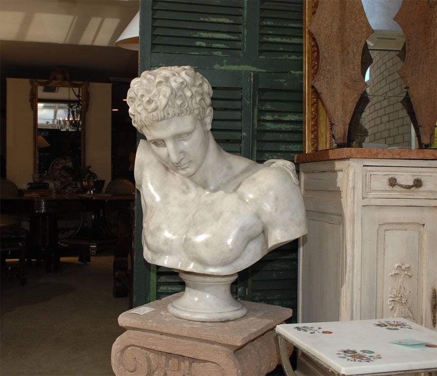 20th Century carved marble bust of Hermes.  This piece is fairly recent and extremely heavy.