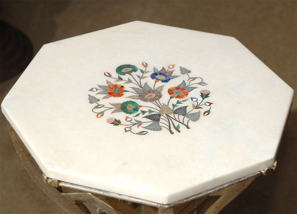 Silver Indian Inlaid Marble Side Table