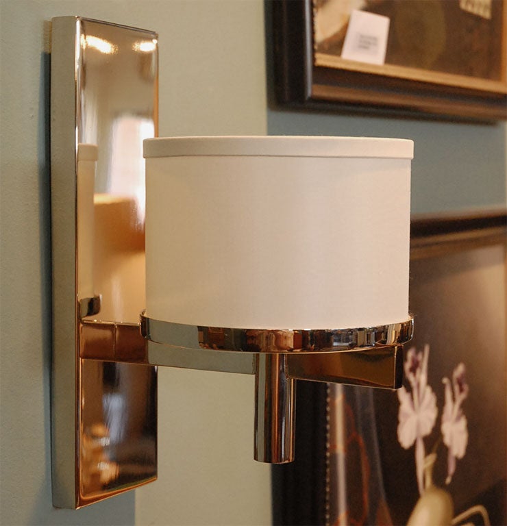 Paul Marra Silk Drum Sconce shown in polished nickel and vanilla silk pongee shade. Inquire for availability. Price quoted is per sconce.