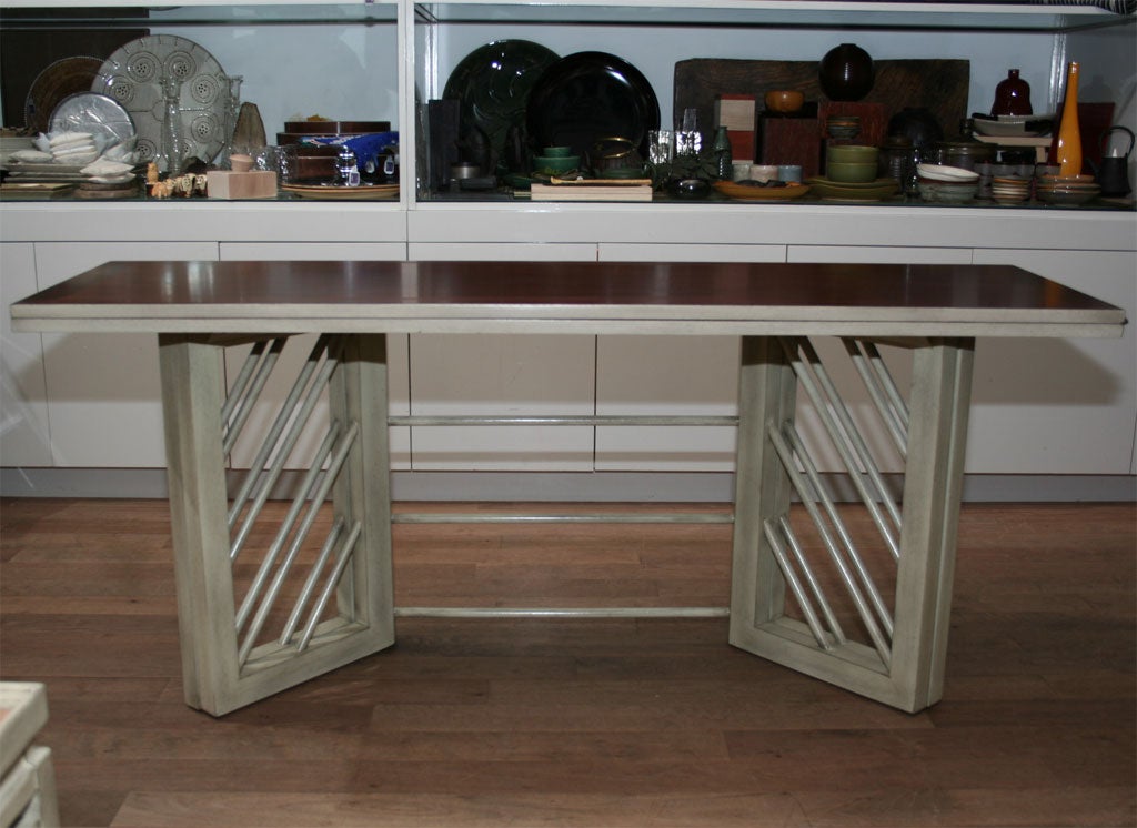 Convertible fliptop dining and console table in two-tone mahogany and greywash finish circa 1950