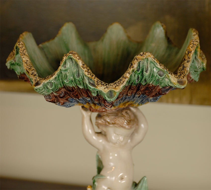 French Majolica cherub with shell compote, circa 1840 2