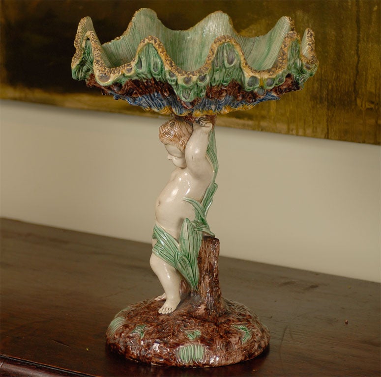 French Majolica cherub with shell compote, circa 1840 3