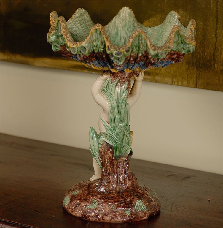 French Majolica cherub with shell compote, circa 1840 4