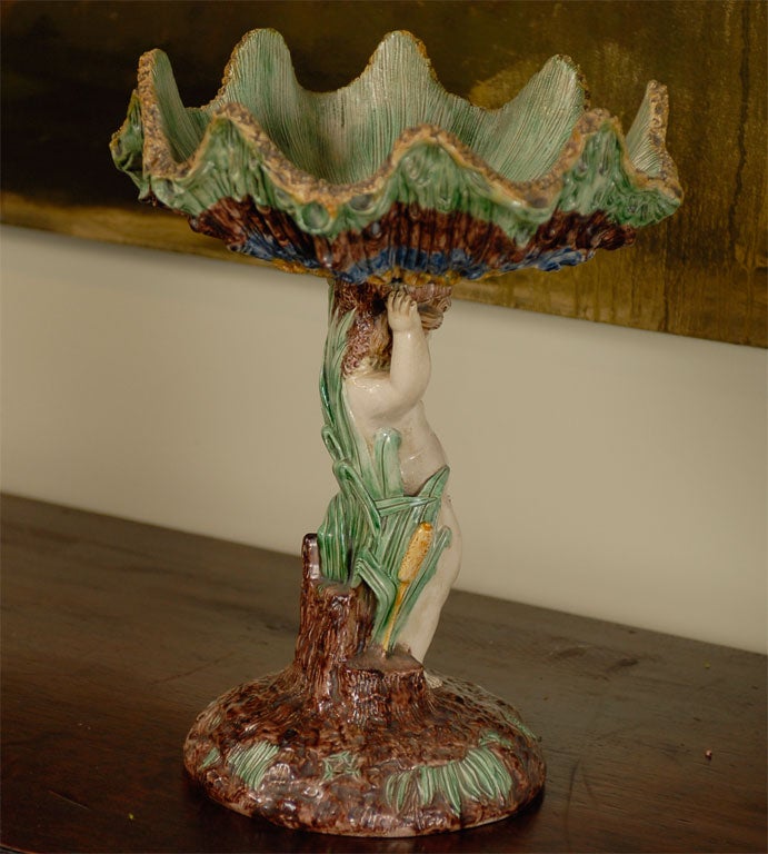 French Majolica cherub with shell compote, circa 1840 5