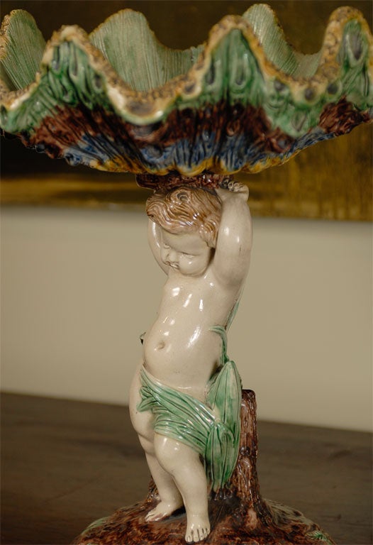 French Majolica cherub with shell compote, circa 1840 6