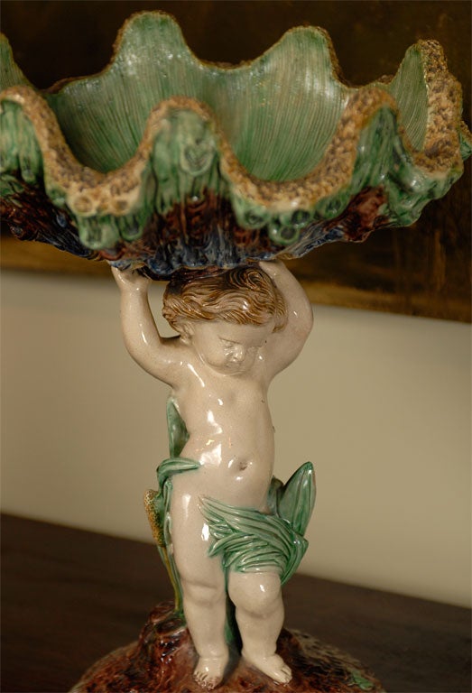 19th Century French Majolica cherub with shell compote, circa 1840