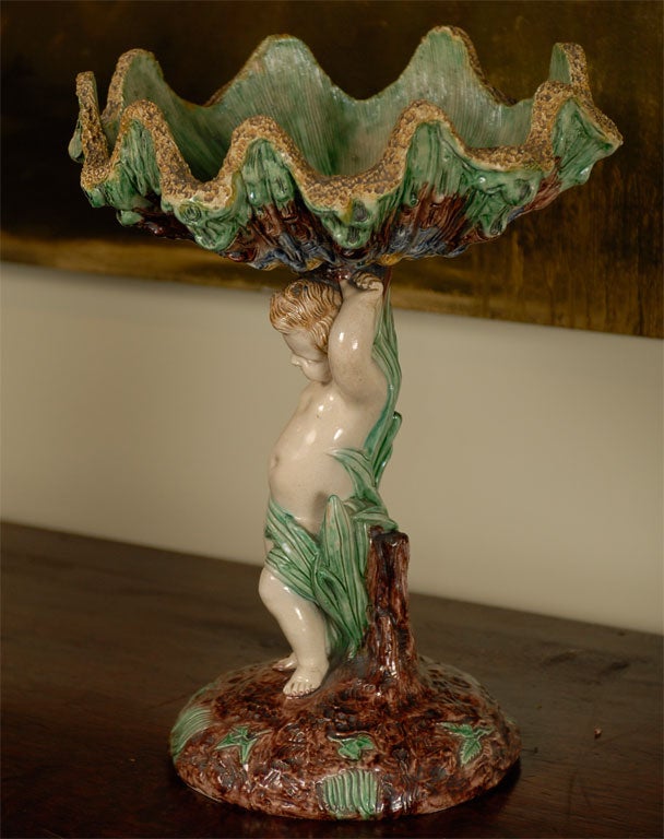 French Majolica cherub with shell compote, circa 1840 2