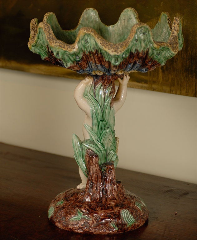 French Majolica cherub with shell compote, circa 1840 3