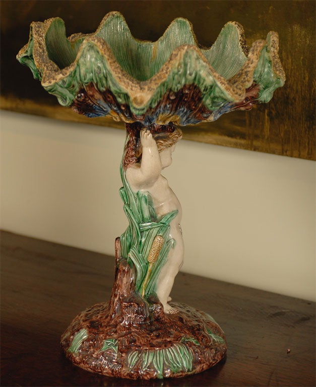 French Majolica cherub with shell compote, circa 1840 4