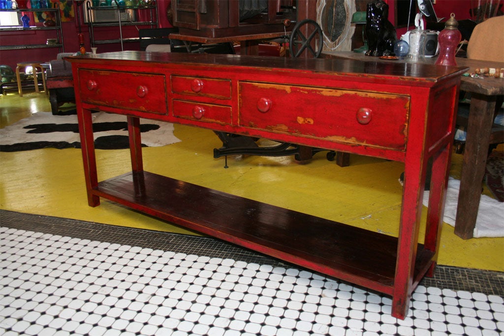 Long  Painted Red  Wood  Console