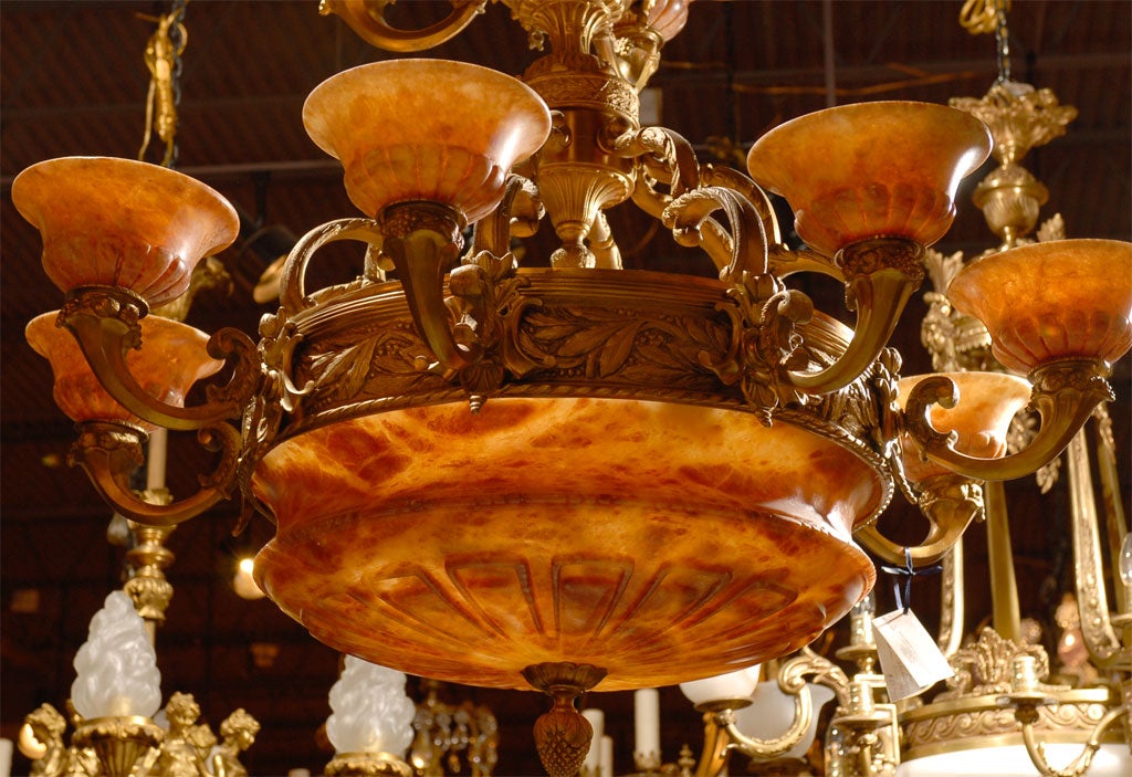French Antique Two-Tiered Gilt Bronze and Alabaster Chandelier For Sale