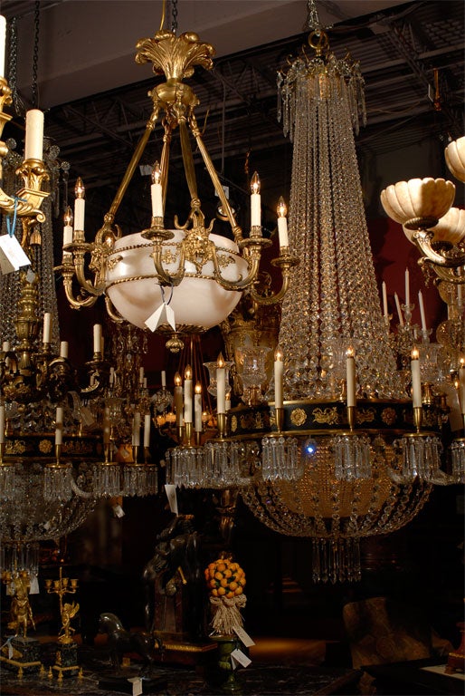 #CW3271, exquisitely detailed eight-arm gilt bronze chandelier with alabaster dome, has two inside lights.