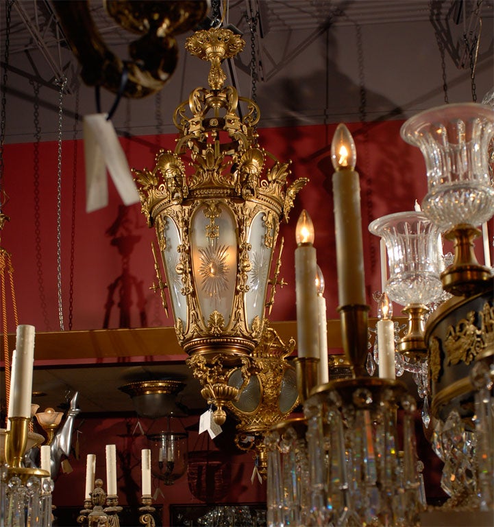 Superb gilt bronze and crystal lantern with six inside lights.