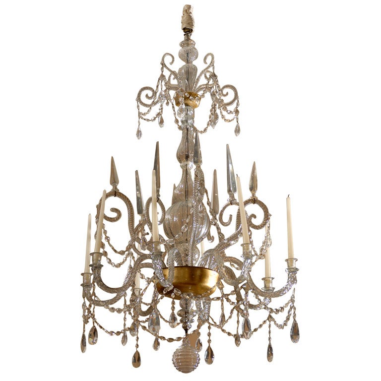 A Fine 18th Century Venetian Crystal Chandelier with Gilt Detail For Sale