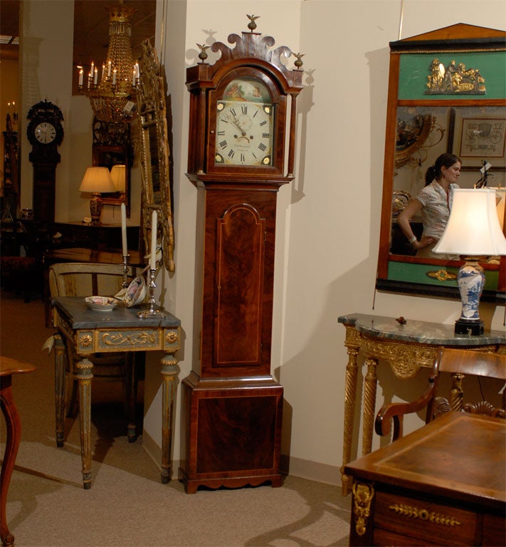 English Mahogany Tallcase Clock with Painted Face ca. 1800