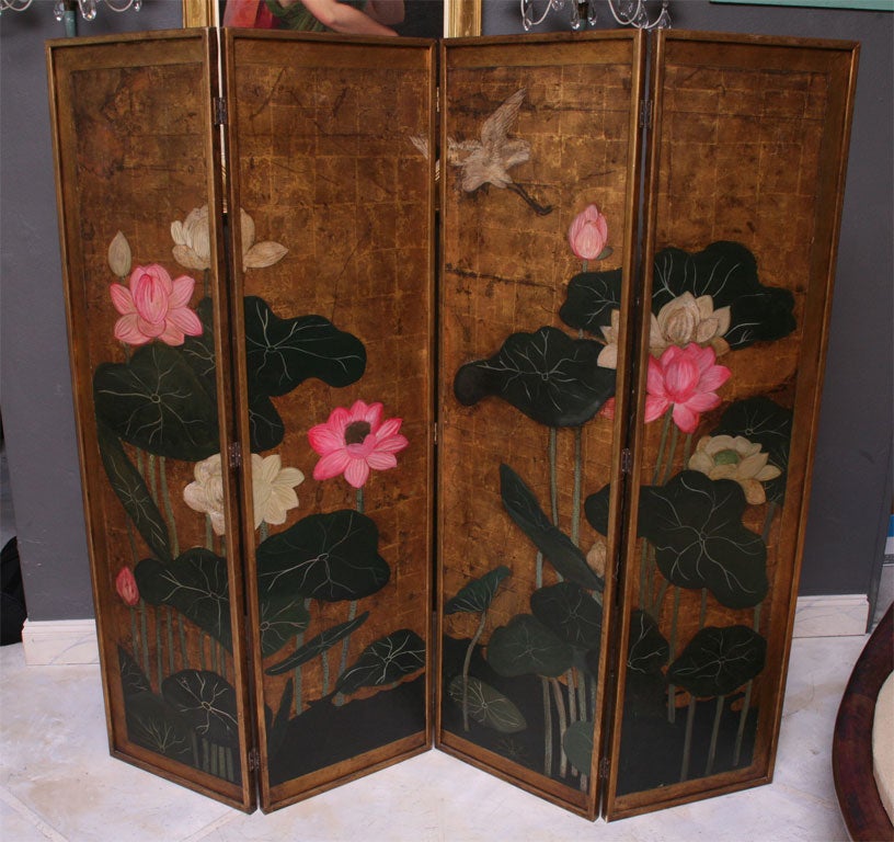 Four panel Japanese screen with  classic water lilies theme 
executed in Gold leaf over paper, wood frames.