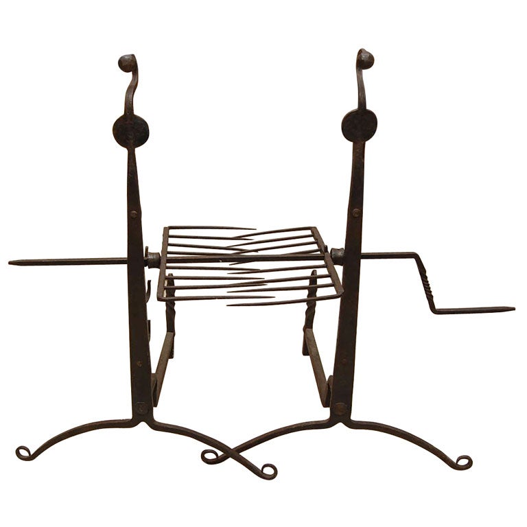 Pair of 19th Century Cast Iron Andirons with Rotisserie Spit