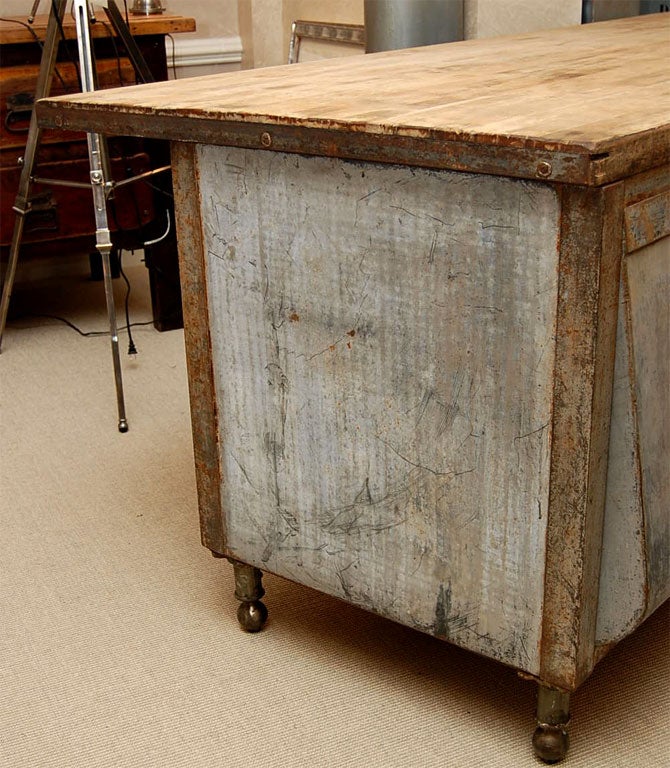 19th Century Galvanized Steel Kitchen Prep Table with Maple Chopboard Top