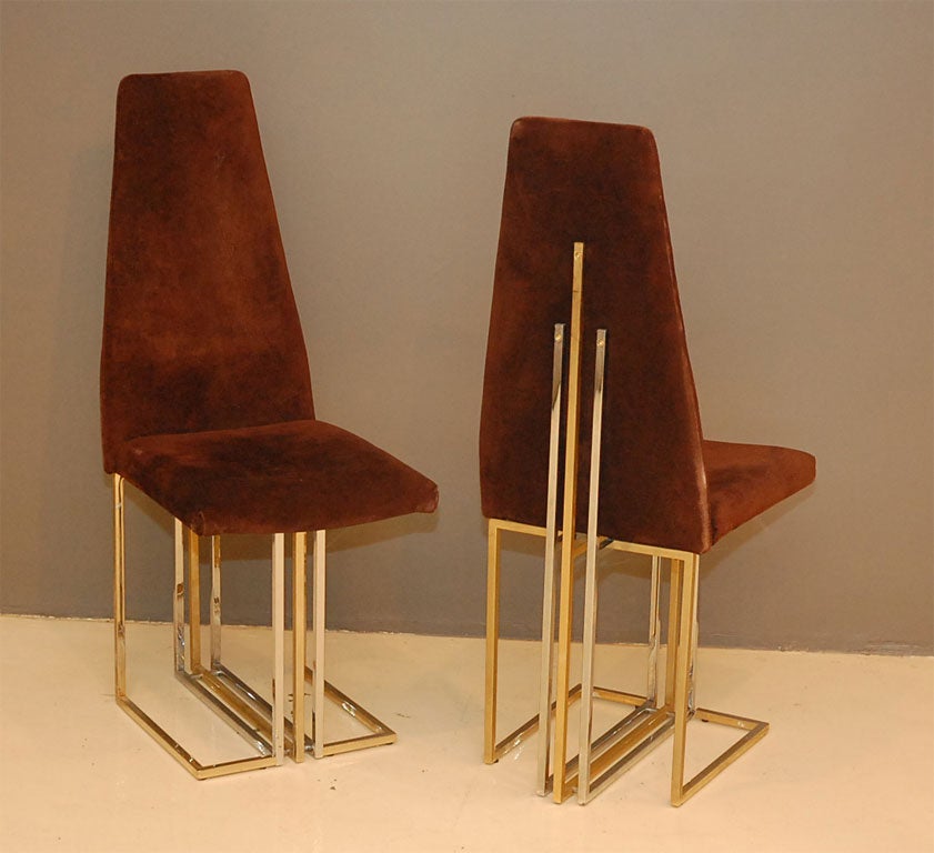 Set of six high-back dining chairs by Pierre Cardin.  Original suede upholstery.  Brass & chrome frame.