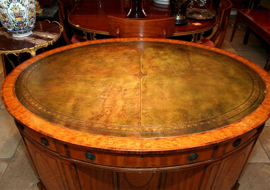 George III Satinwood Oval Inlaid Leather Top Partners Desk 1