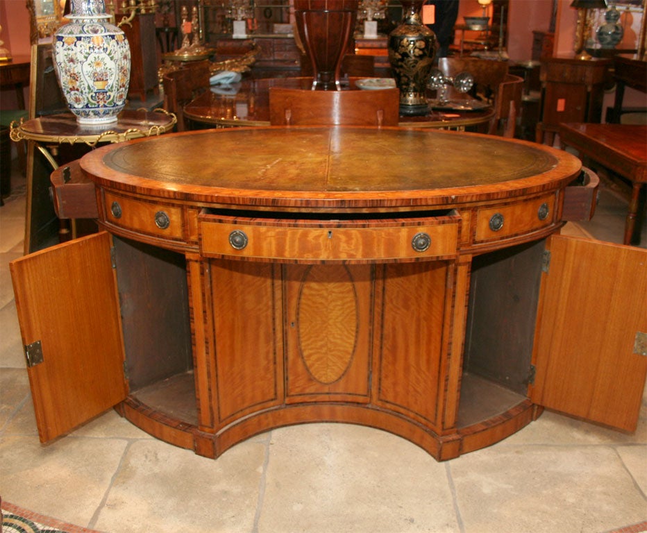 George III Satinwood Oval Inlaid Leather Top Partners Desk 4