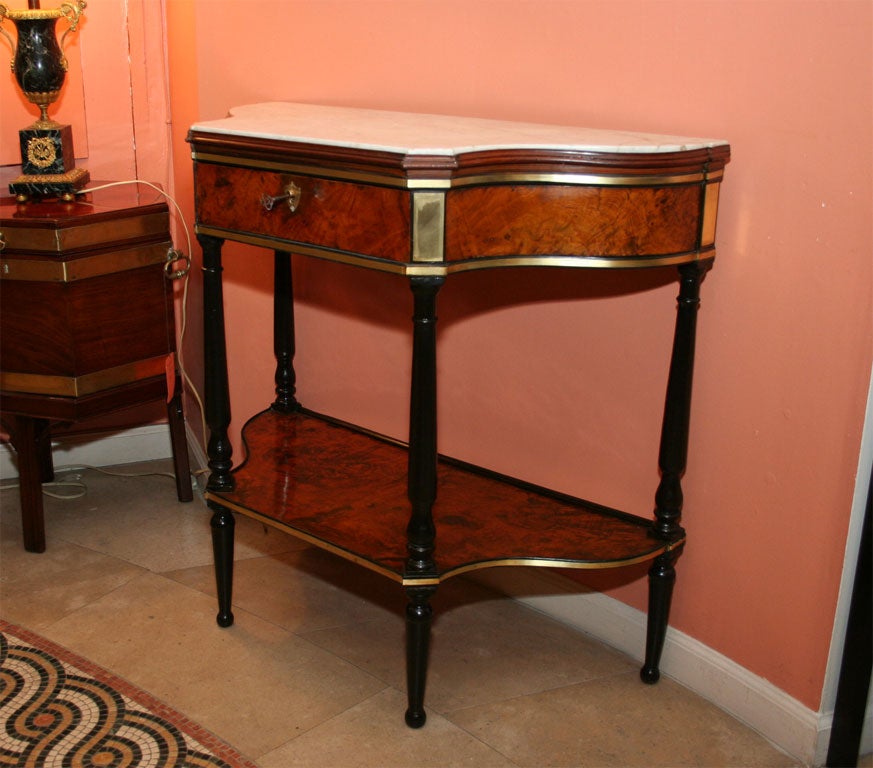 Near Pair of Baltic Marble Top Burl Console Dessertes, ca 1810
