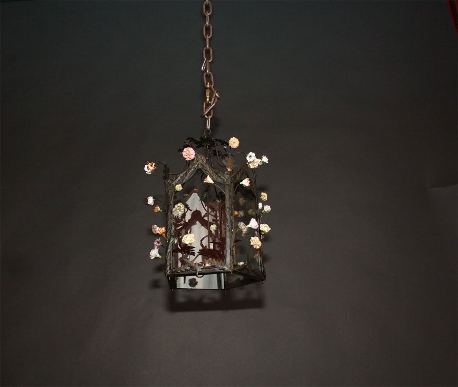 Painted tole and porcelain flowered lantern