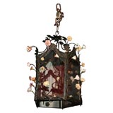 Painted tole and porcelain flowered lantern