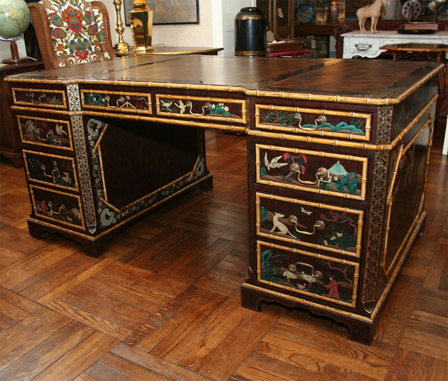Exquisitely Detailed Faux Bamboo and Chinoiserie Lacquered Partners Pedestal Desk Made by the John Widdicomb Company, Late 20th Century, with Drawers to Front and Cabinets to Back<br />
<br />
Note: Impressively Engineered Locking Mechanism With a