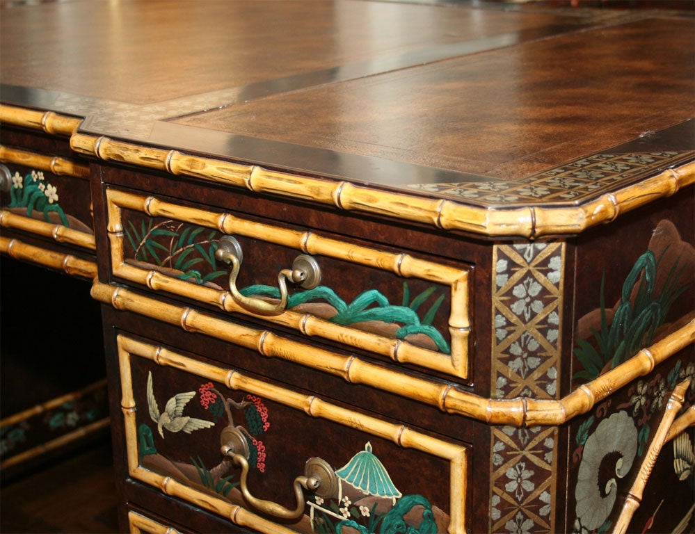 20th Century Exquisitely Detailed Chinoiserie Motif Partner's Pedestal Desk