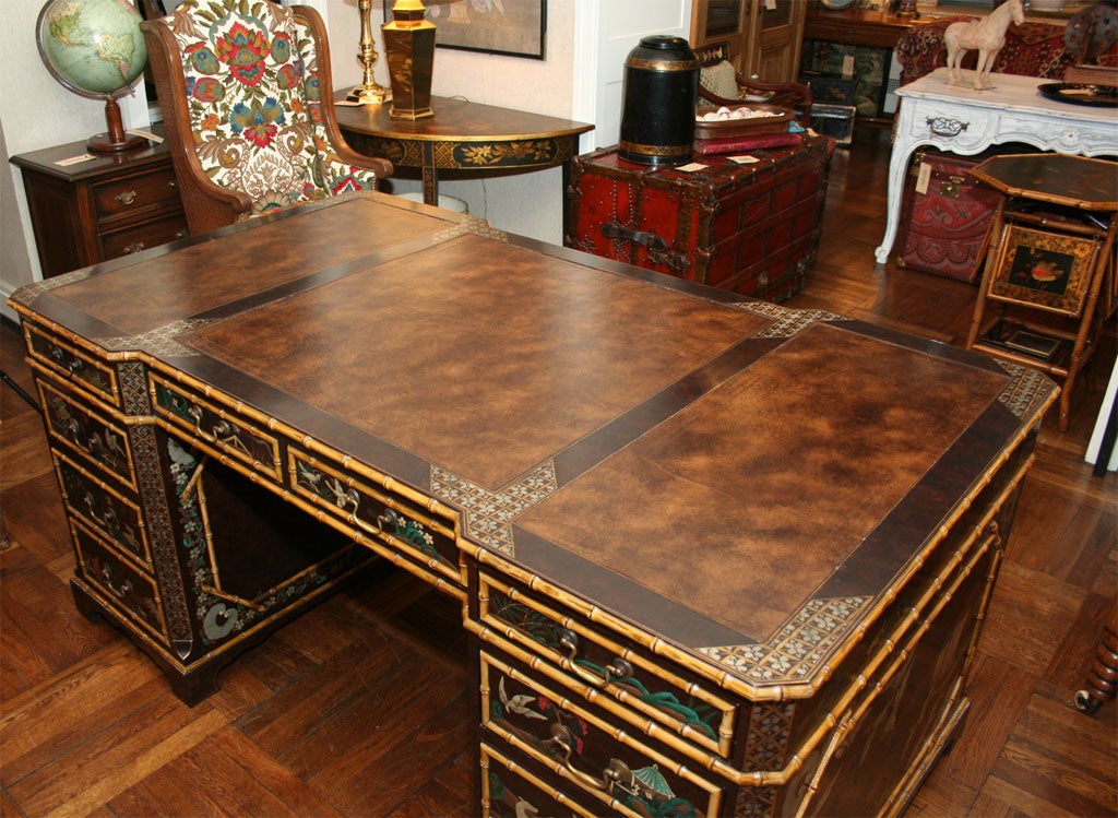 Exquisitely Detailed Chinoiserie Motif Partner's Pedestal Desk 2