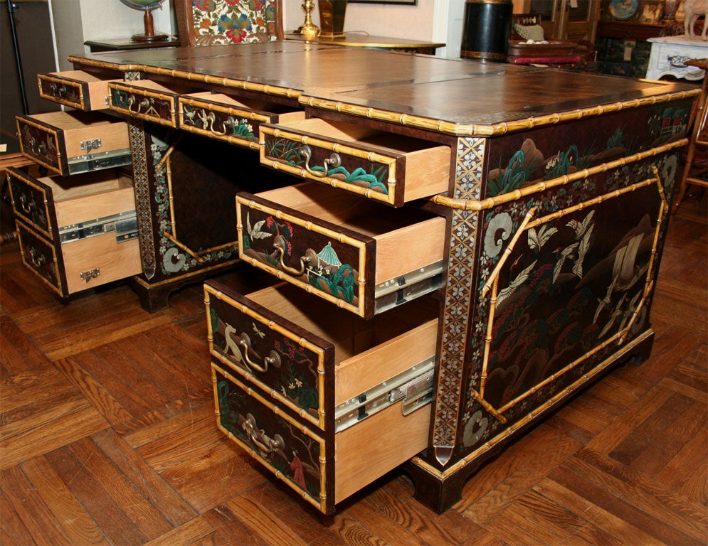 Exquisitely Detailed Chinoiserie Motif Partner's Pedestal Desk 3