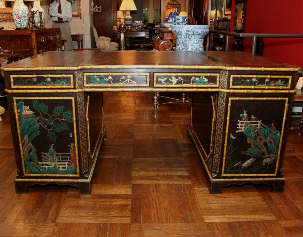 Exquisitely Detailed Chinoiserie Motif Partner's Pedestal Desk 6