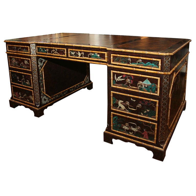 Exquisitely Detailed Chinoiserie Motif Partner's Pedestal Desk