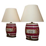 Pair Glazed Ceramic Whisky & Gin Kegs, 19th c., Wired as Lamps