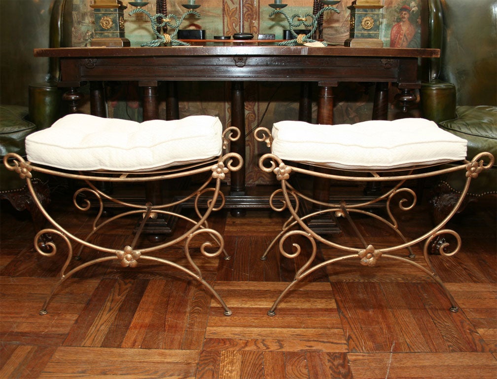 Pair of Italian Gilt Iron Foliate Scroll Stools
