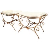 Pair of Italian Gilt Iron Foliate Scroll Stools