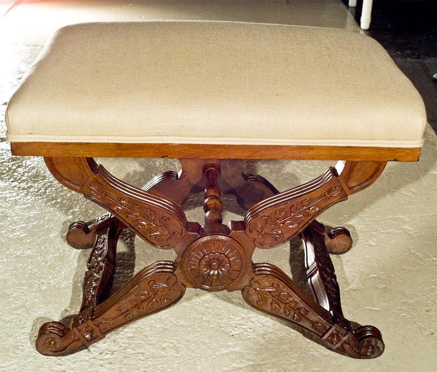 PAIR Carved "X" Benches New Upholstery