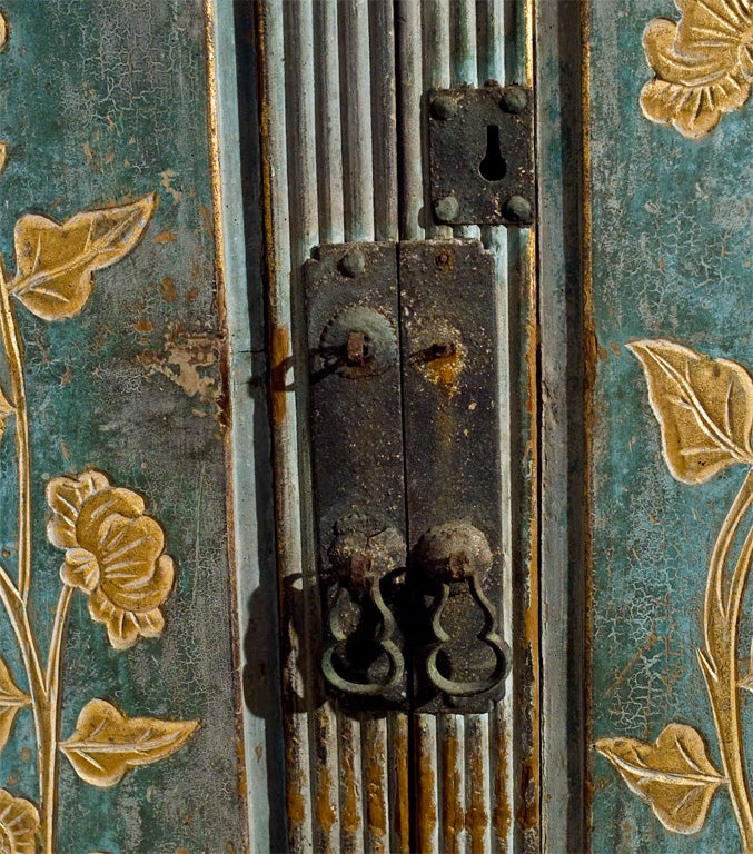 19th Century Small painted cabinet with gilt floral painting in front