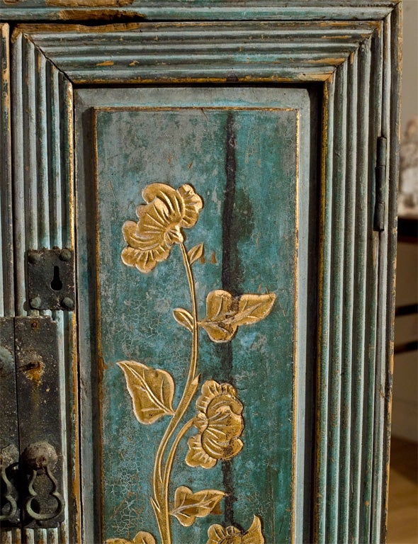 Pine Small painted cabinet with gilt floral painting in front