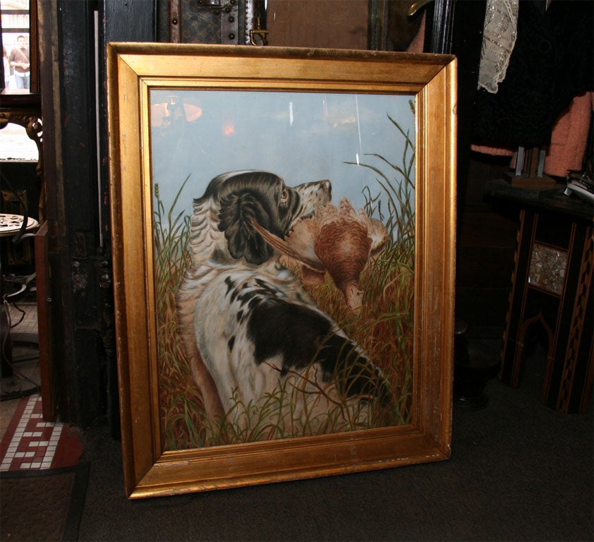 Watercolor of Retreaver with prey in antique giltwood frame under glass-soho location.