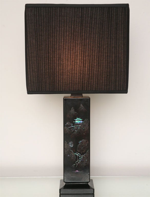 Japanese Pair of 50's Black Lacquer & Mother-of-Pearl Lamps