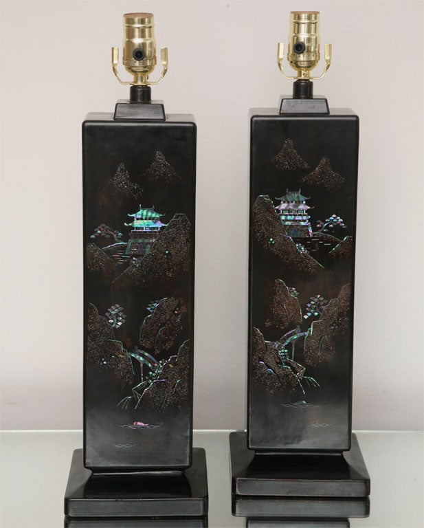 Mid-20th Century Pair of 50's Black Lacquer & Mother-of-Pearl Lamps