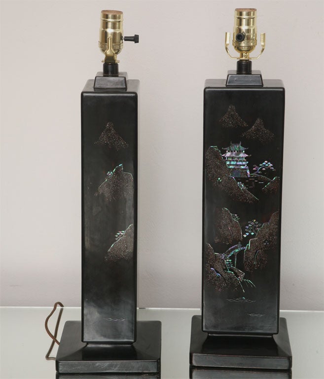 Pair of 50's Black Lacquer & Mother-of-Pearl Lamps 1