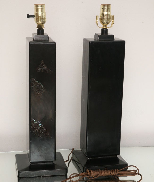 Pair of 50's Black Lacquer & Mother-of-Pearl Lamps 2
